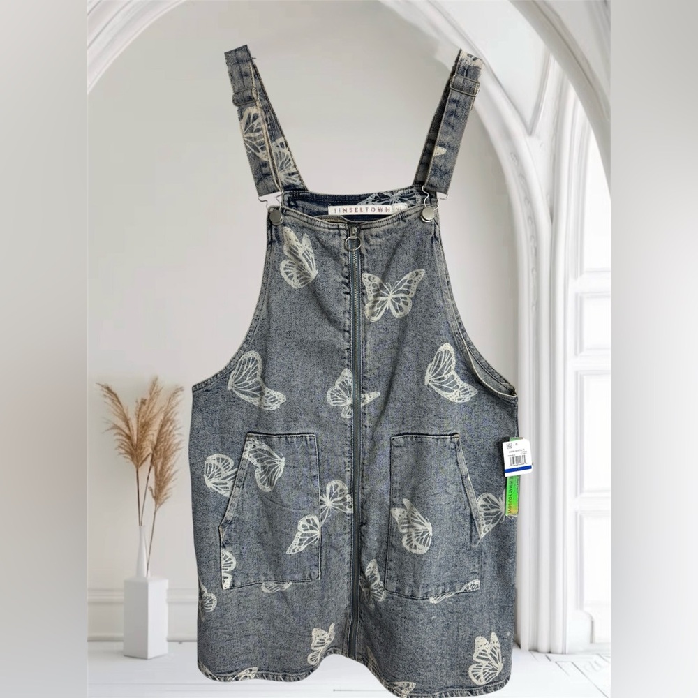 Tinseltown Butterfly-Print Overall Zip-Front
Pinafore Denim Skirtall Dress XL